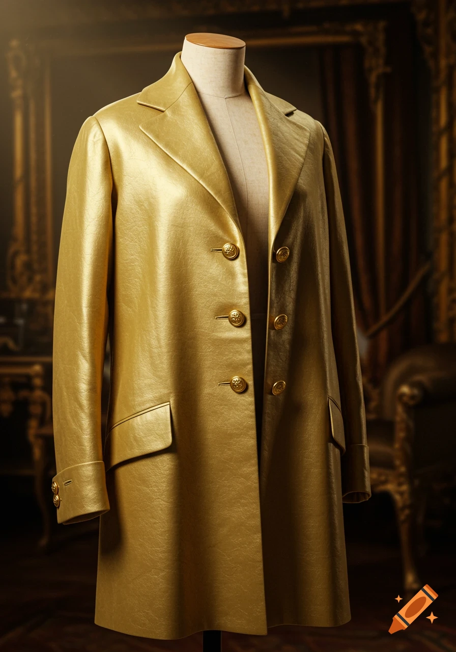 A luxurious golden coat with golden buttons displayed on a mannequin in an opulent room.
