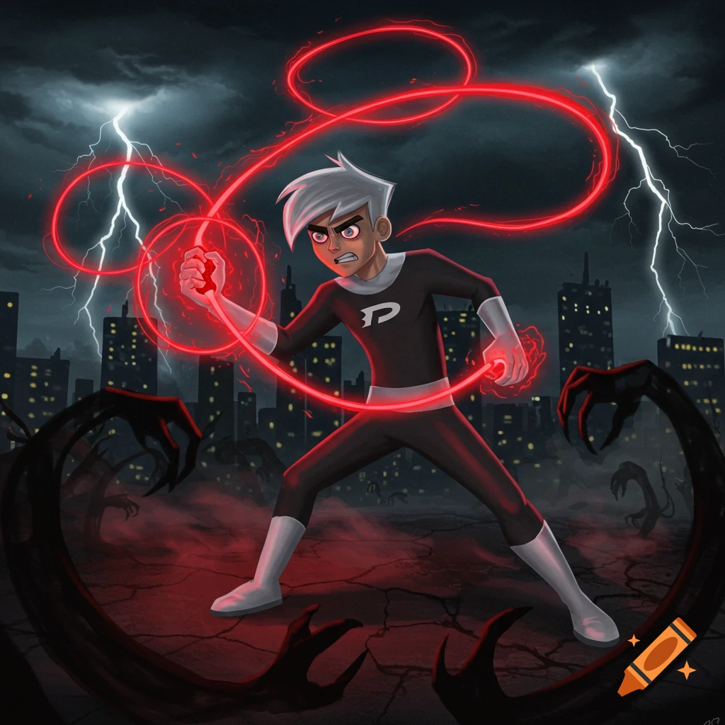 Danny Phantom, a white-haired cartoon superhero in a black and white suit, wields glowing red energy in a dark, stormy city against shadowy figures, with lightning in the background.