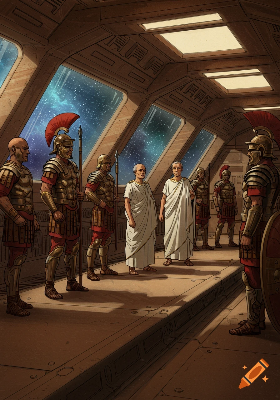 Roman legionaries and senators in a futuristic spaceship looking out at a starry galaxy, in a distinct Moebius art style.