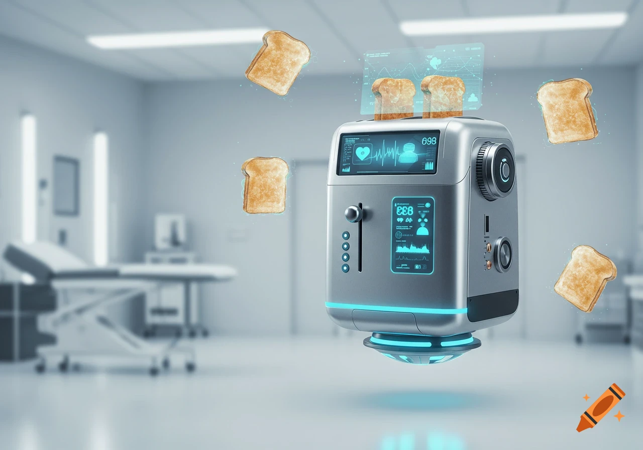 A futuristic silver toaster-robot with glowing blue screens floats in a sterile room, with pieces of toast levitating around it.