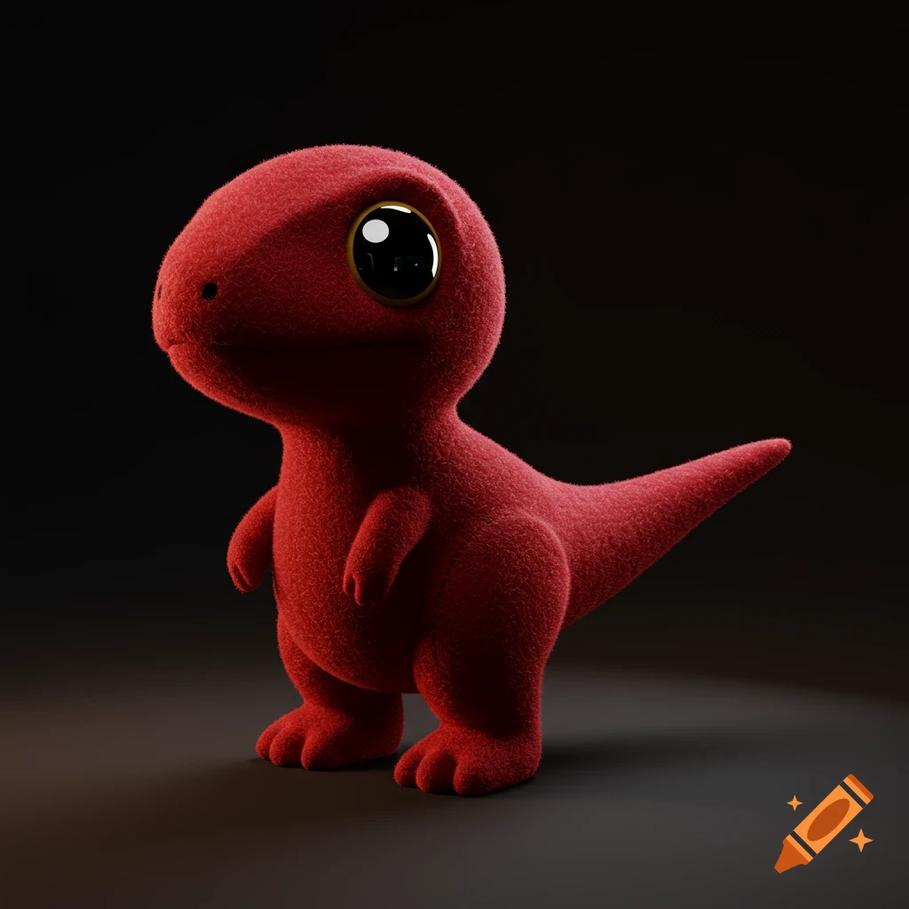 A vibrant red chibi-style plush toy dinosaur with large glossy eyes stands against a dark background.