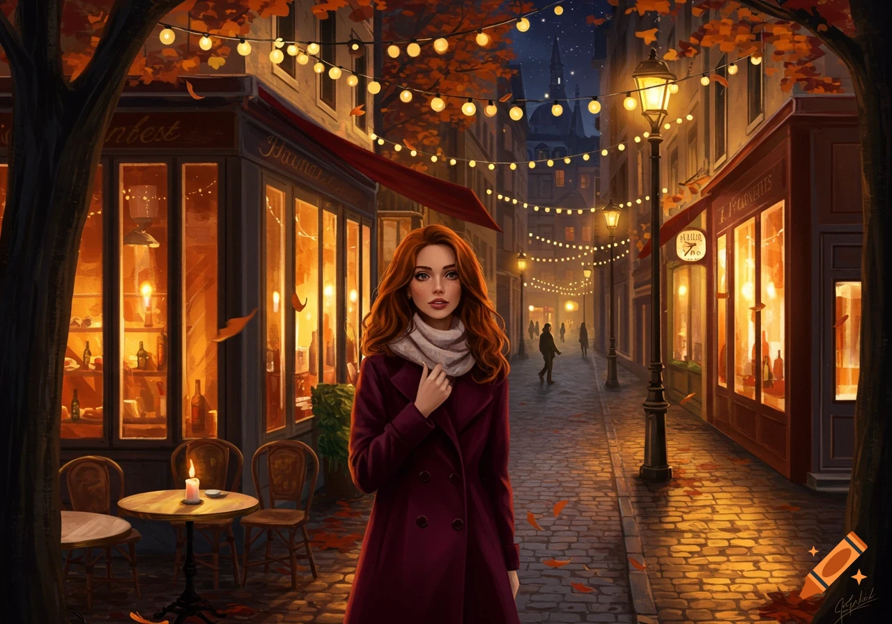 A woman with red hair and a scarf stands on a cobblestone street lined with glowing shops and string lights, under an autumn night sky.