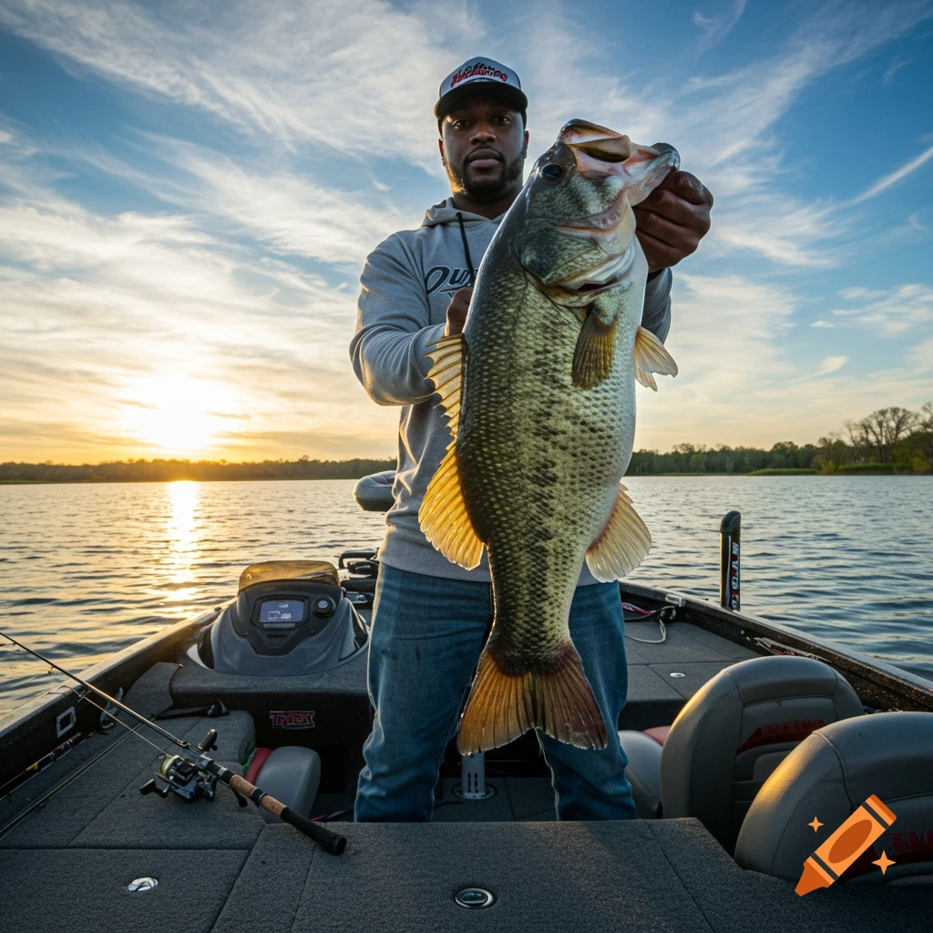 A man holds a large bass while standing in a boat on a lake at sunset.