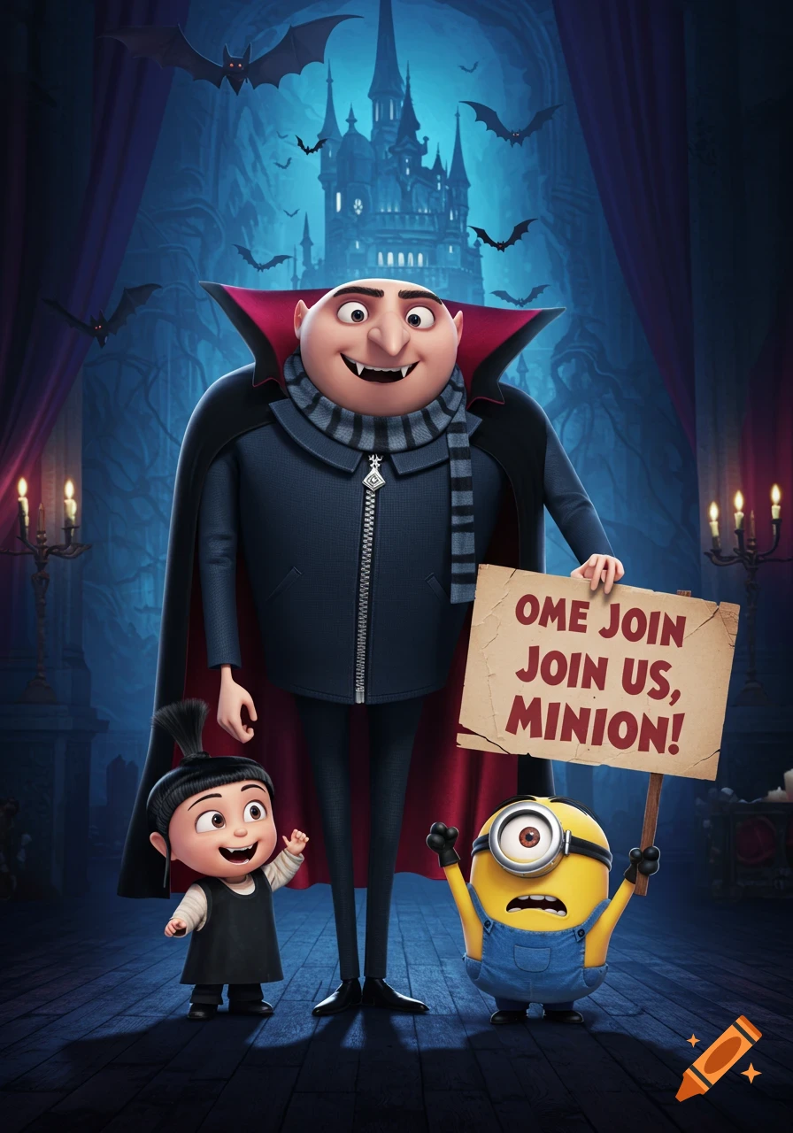 Gru dressed as a vampire with Agnes and a Minion holding a sign that says "OME JOIN JOIN US, MINION!" in front of a spooky castle with bats flying.