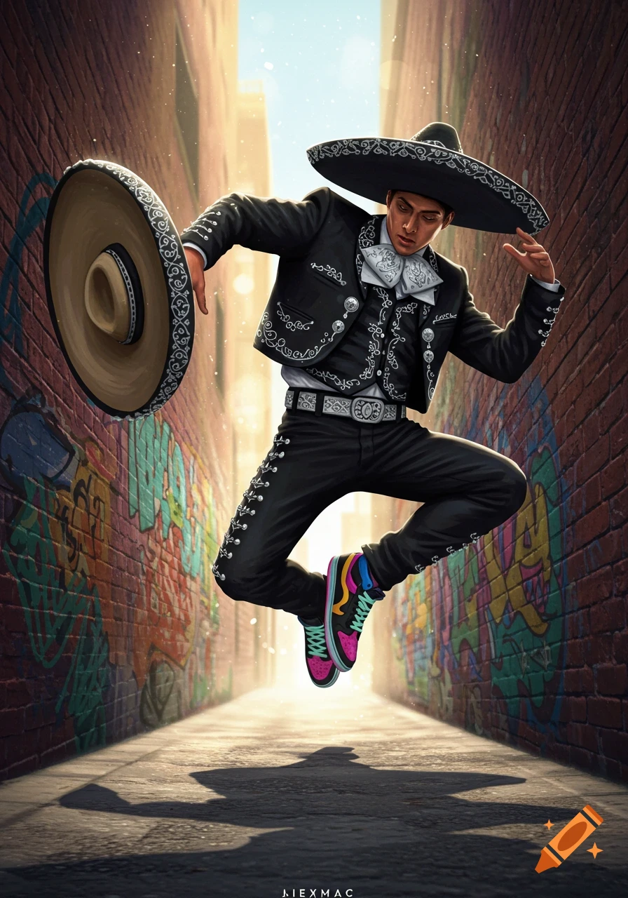 A male mariachi musician in traditional attire and vibrant sneakers leaps mid-air in a graffiti-covered alley, casting a shadow.