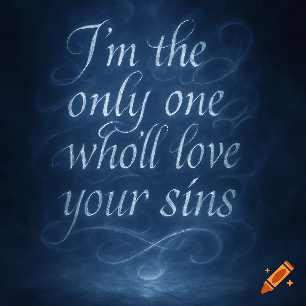 A dark blue background with glowing white cursive text that reads "I'm the only one who'll love your sins." Swirling white lines surround the text.