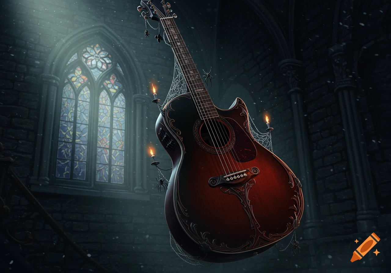 A gothic acoustic guitar with spiderwebs and candles floats in a moonlit cathedral with stained-glass windows.
