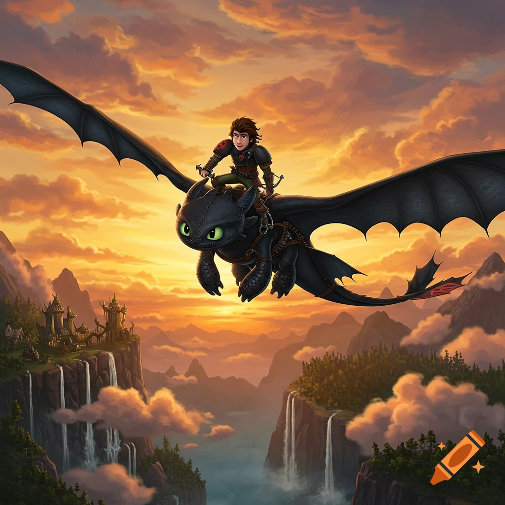 Hiccup rides Toothless, a black dragon, as they fly over a mountainous landscape with waterfalls at sunset in an animated style.