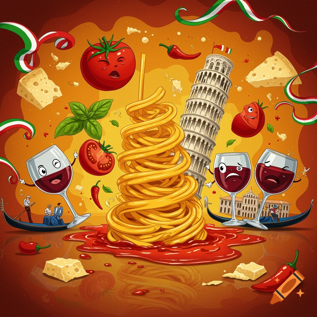 A whimsical cartoon illustration with anthropomorphic spaghetti, wine glasses, tomatoes, and cheese, alongside the Leaning Tower of Pisa and gondolas, all set on an orange background with Italian flag ribbons.