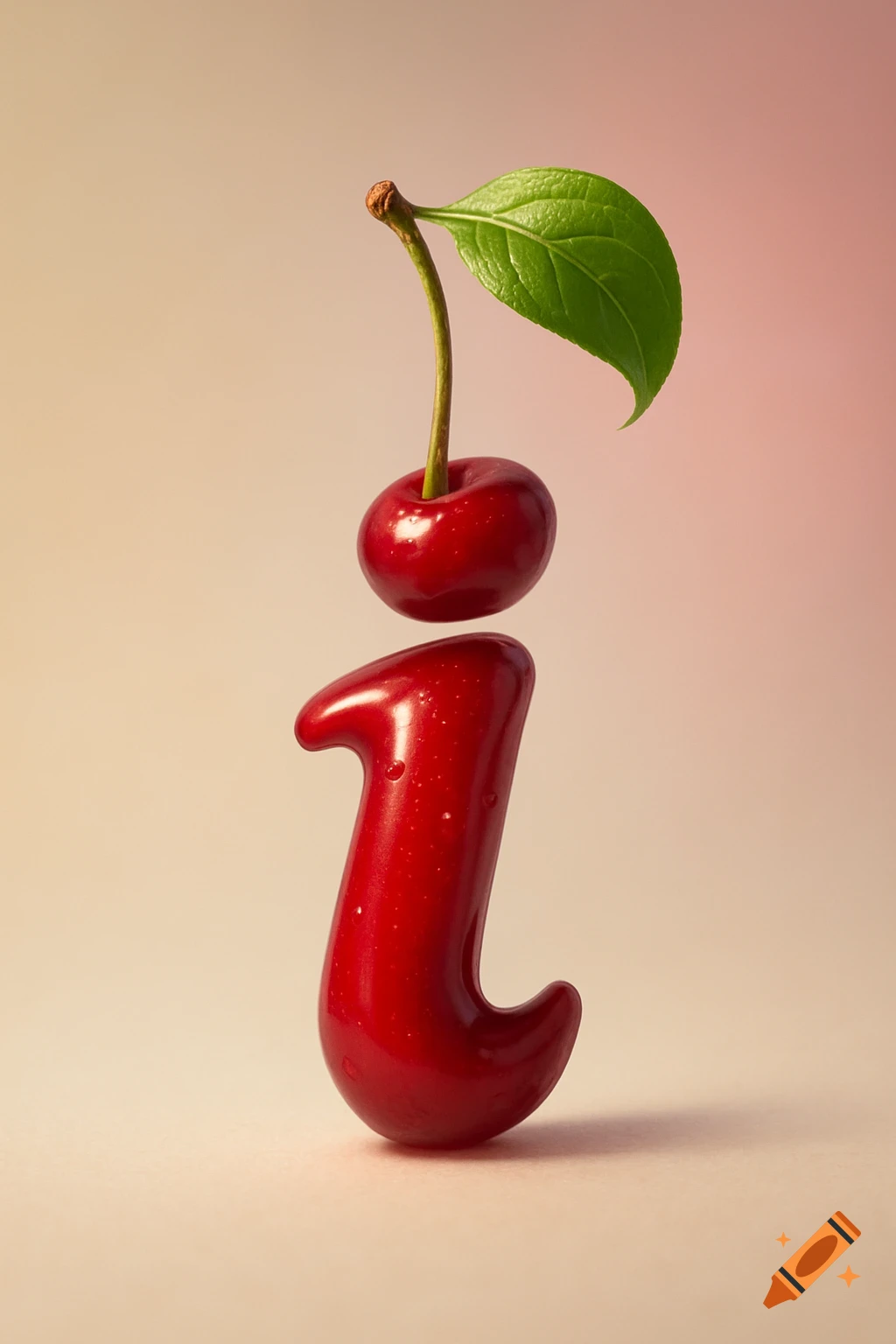 A photorealistic image of a glossy red cherry forming the lowercase letter i, with a green leaf and stem.