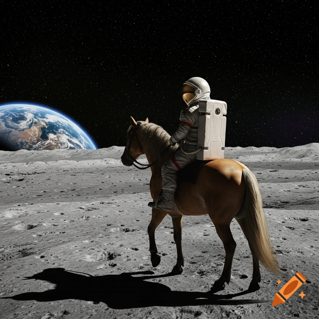 An astronaut rides a horse across the rocky surface of the moon, with the Earth visible in the background against a starry sky.