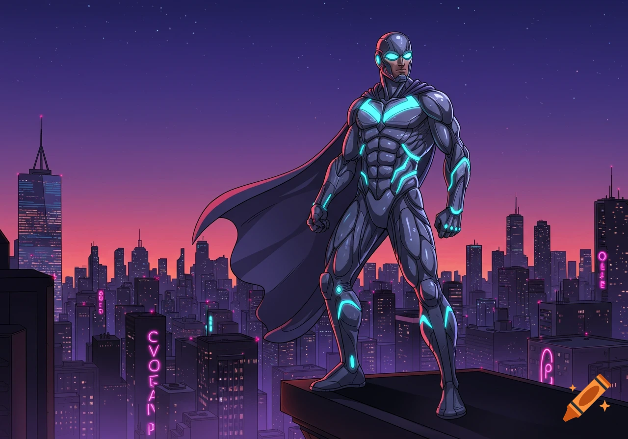 A superhero in a grey and cyan armored suit with a cape stands on a rooftop overlooking a neon-lit city at dusk.
