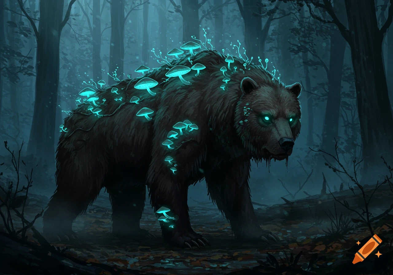 A mystical bear with glowing blue eyes and bioluminescent mushrooms on its fur stands in a dark, ethereal forest.