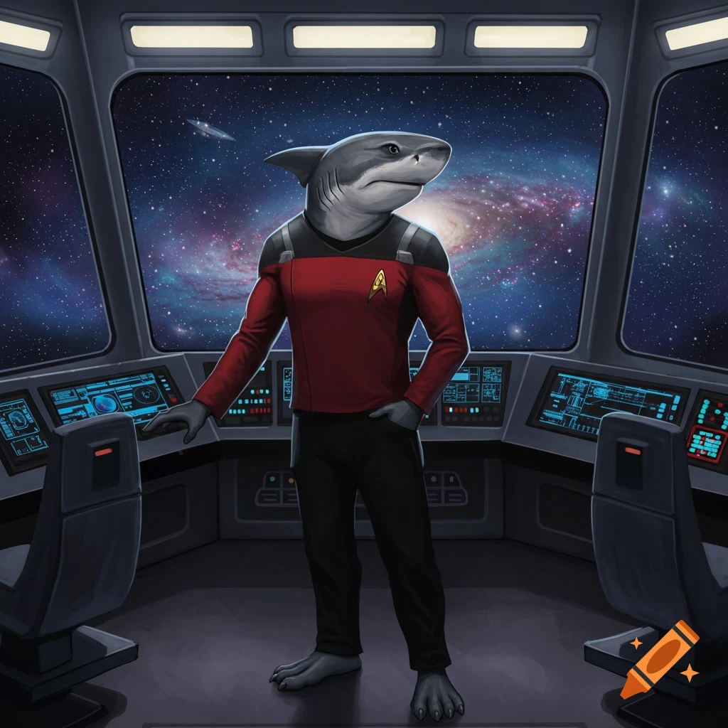 An anthropomorphic shark in a red Starfleet uniform stands on a spaceship bridge, gazing out at a vibrant galaxy.