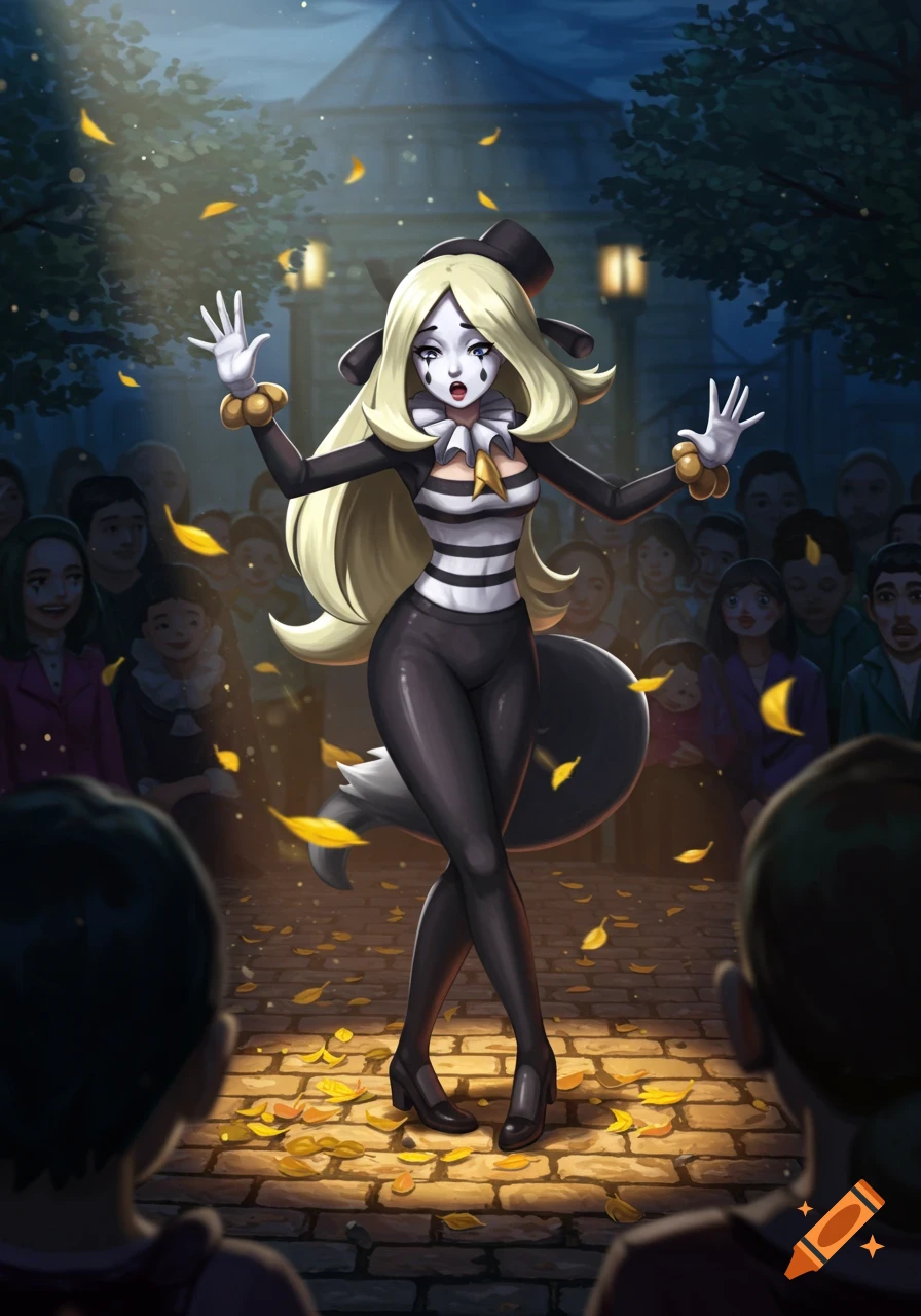 Anime-style blonde woman dressed as a mime performs on a cobblestone path with glowing leaves before an audience at night.