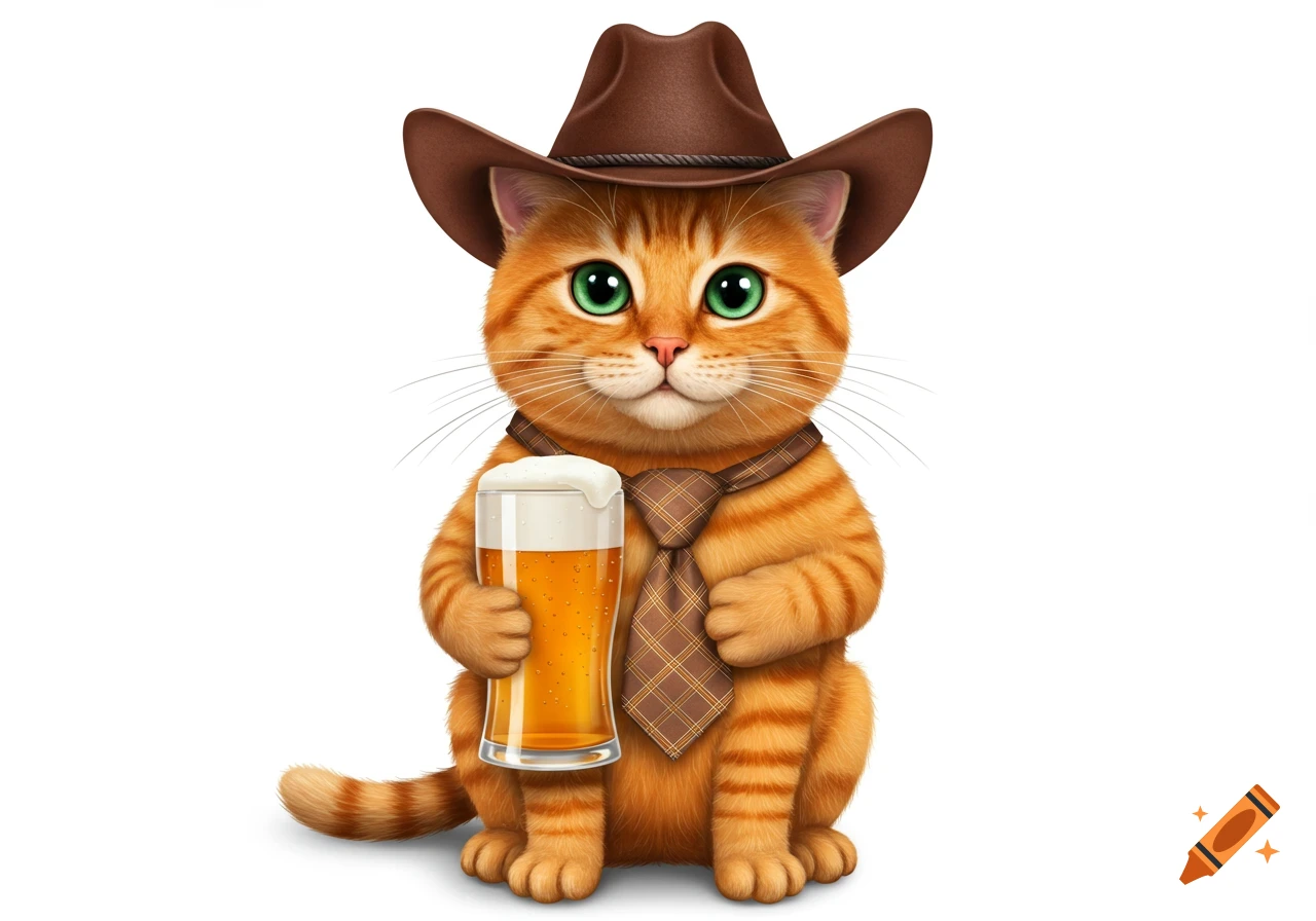 A cartoon orange cat with green eyes wearing a brown cowboy hat and plaid tie, holding a glass of beer.