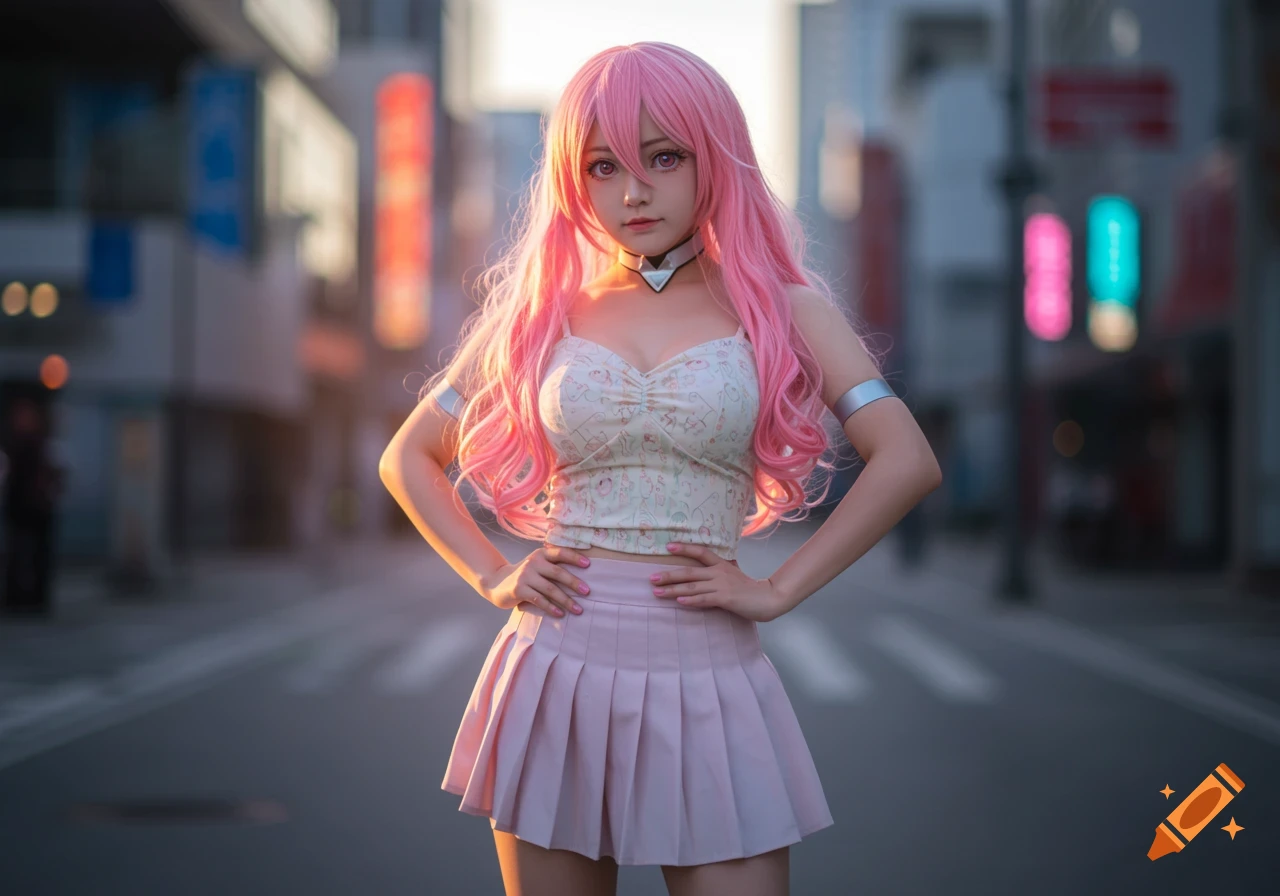 A photorealistic woman with long pink hair and a pink pleated skirt stands on a city street, hands on hips.