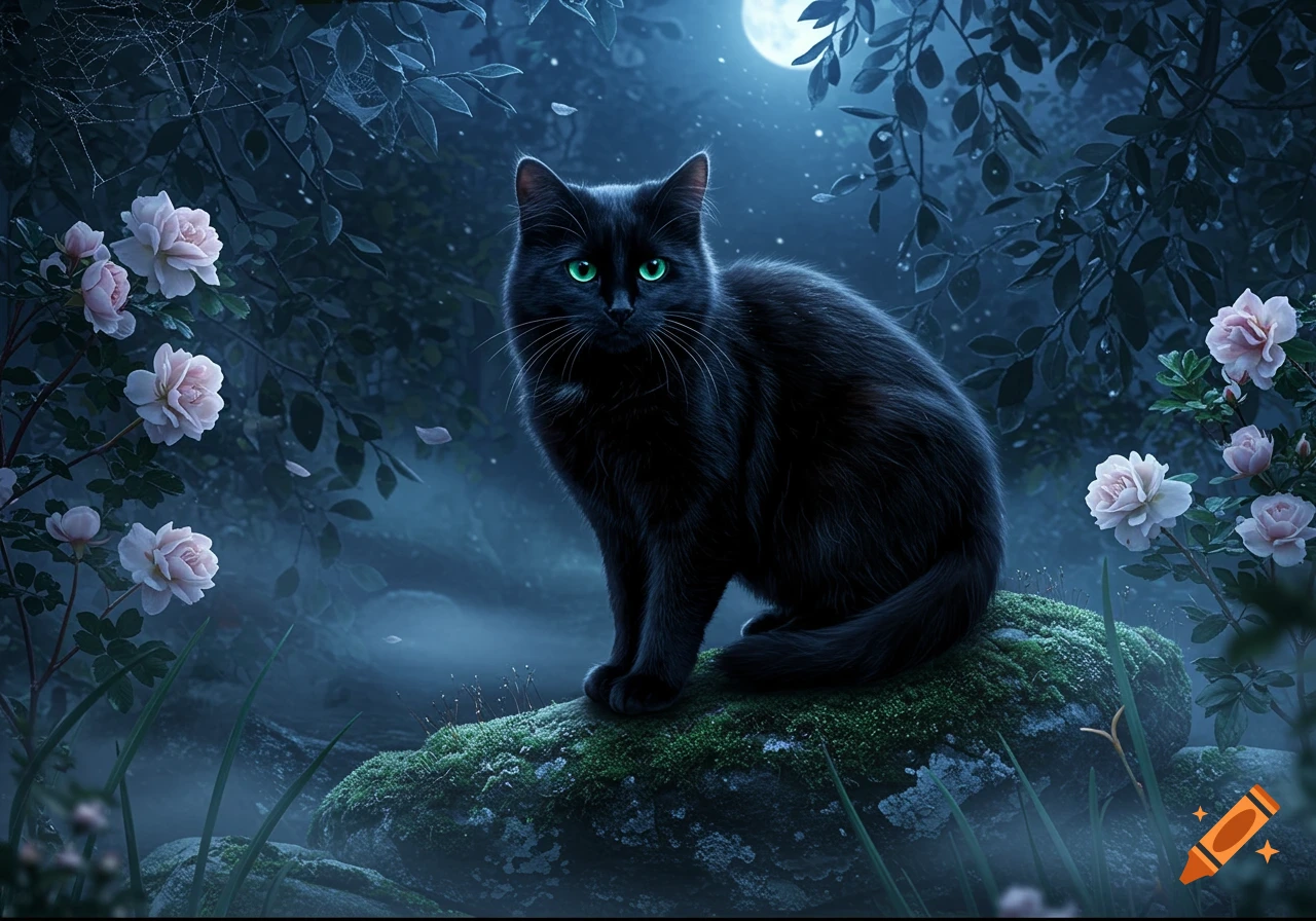 A black cat with luminous green eyes sits on a mossy rock in a dark, mystical forest at night, under a bright full moon. Pink roses bloom nearby.