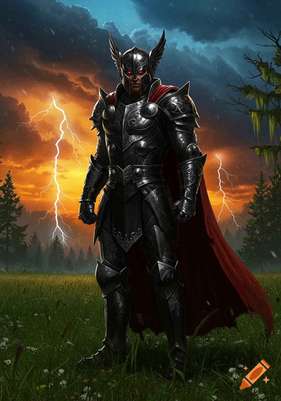 A knight resembling Thor in ornate black armor with a red cape stands in a stormy field under a lightning-filled sky.