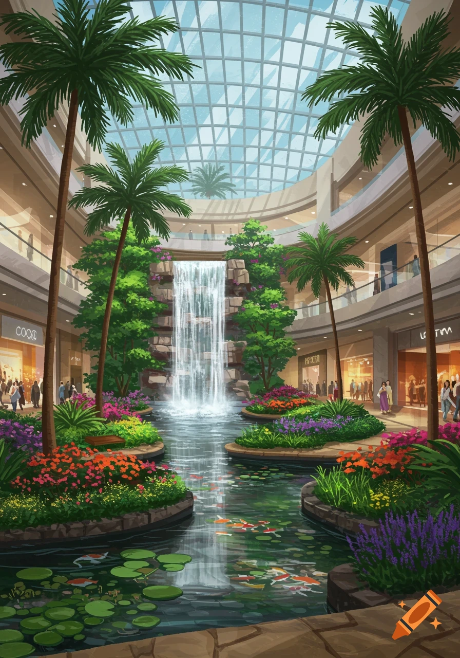 A vibrant, tropical-themed indoor mall featuring a large waterfall, lush landscaping, palm trees, and storefronts under a glass ceiling.