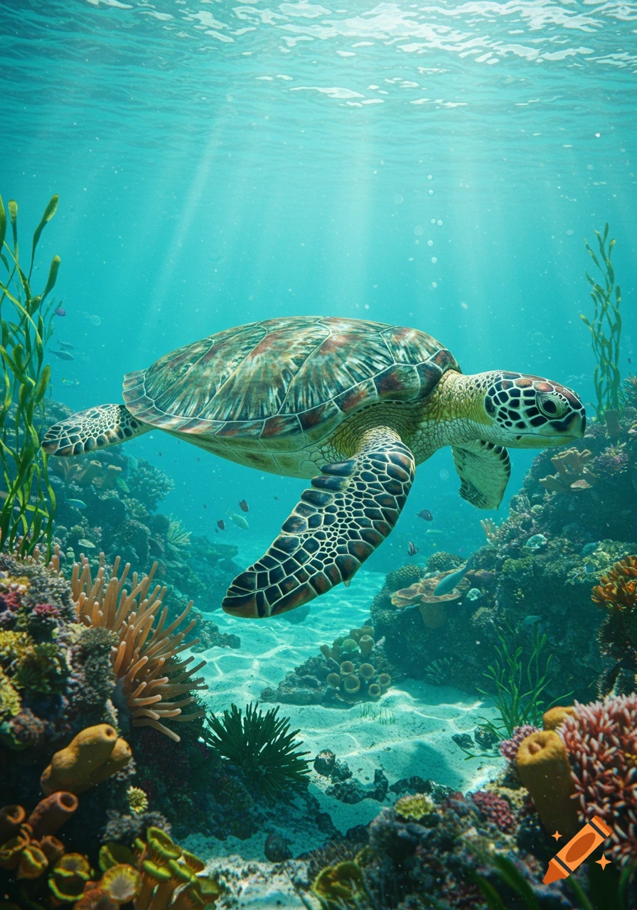 A vibrant photorealistic scene of a sea turtle swimming over a colorful coral reef in clear blue ocean water with sunrays filtering down.