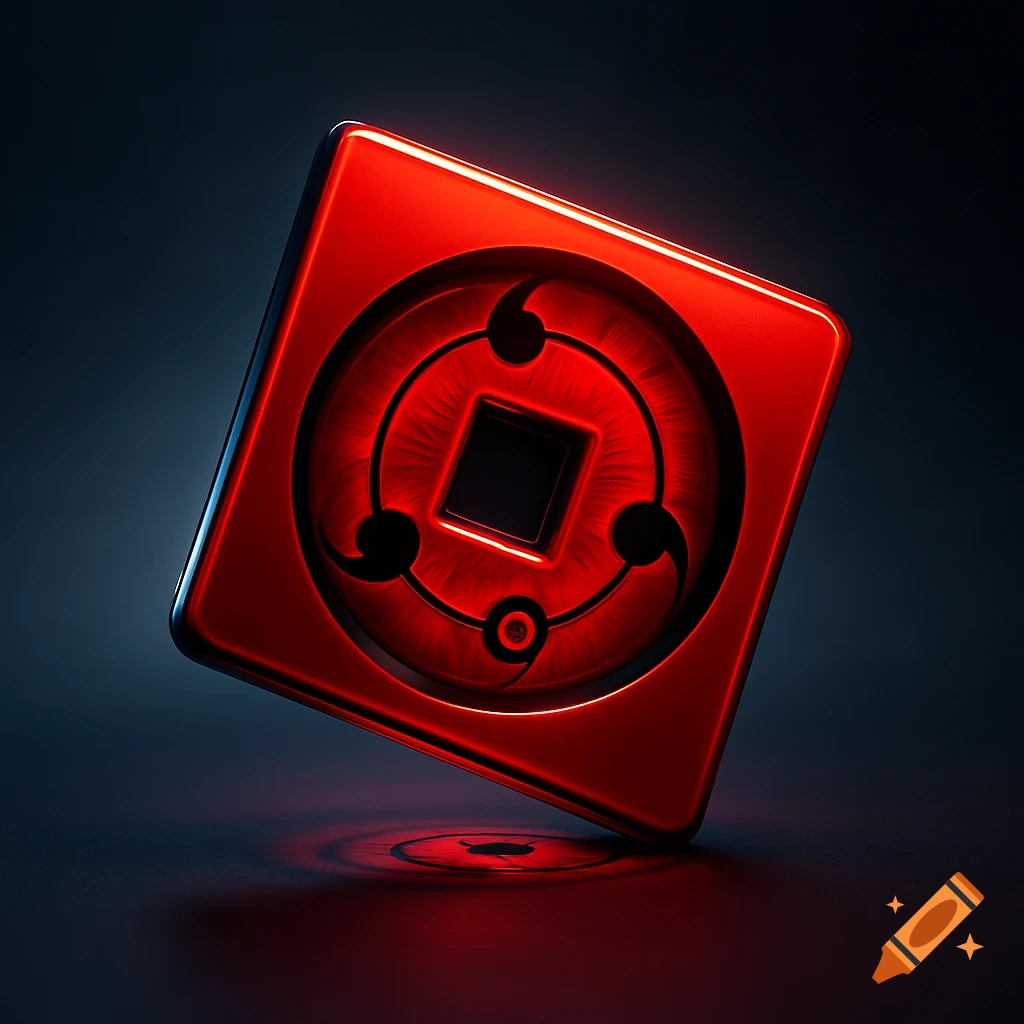 A shiny red square object with a black glowing Sharingan eye design, reflecting on a dark surface.