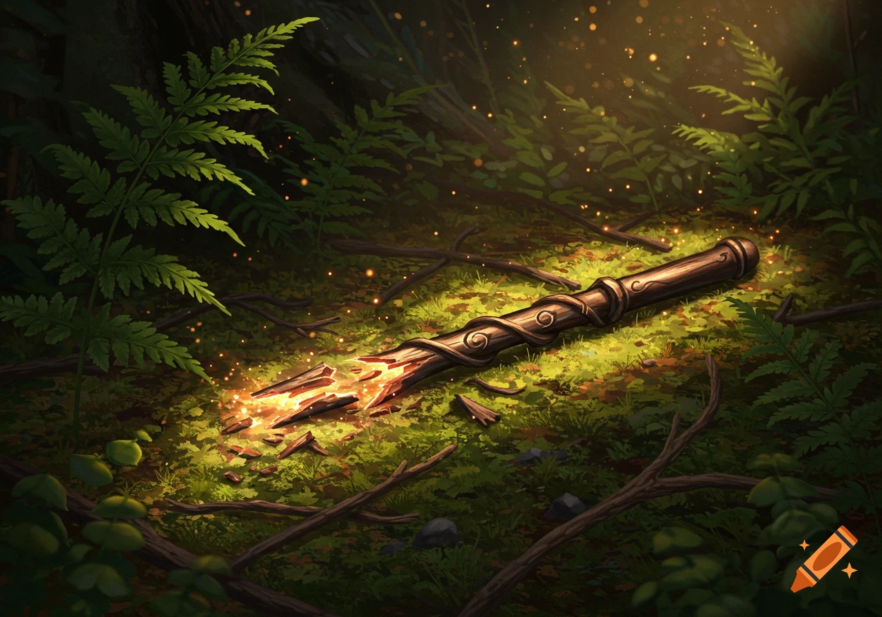 A broken, glowing magical wand lies on a mossy forest floor, surrounded by ferns and branches, illuminated by dappled light.