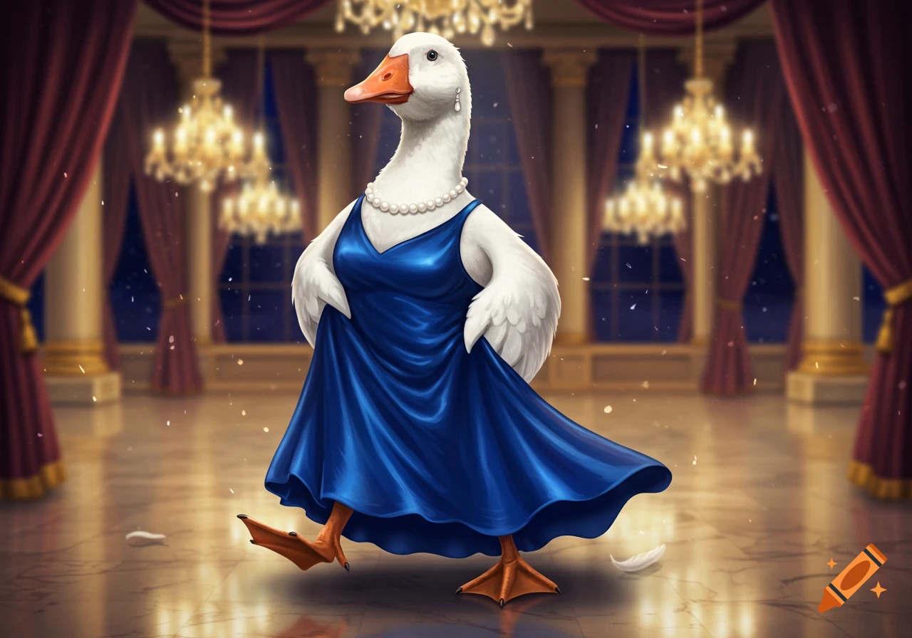 An elegant humanized goose in a blue dress and pearl necklace poses in a grand ballroom.