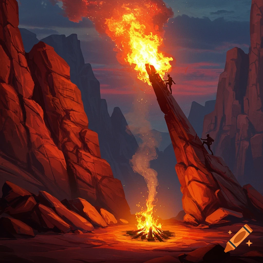 Two figures climb towering red rock formations in a dramatic canyon at dusk, with a large bonfire burning below and flames erupting from a spire.