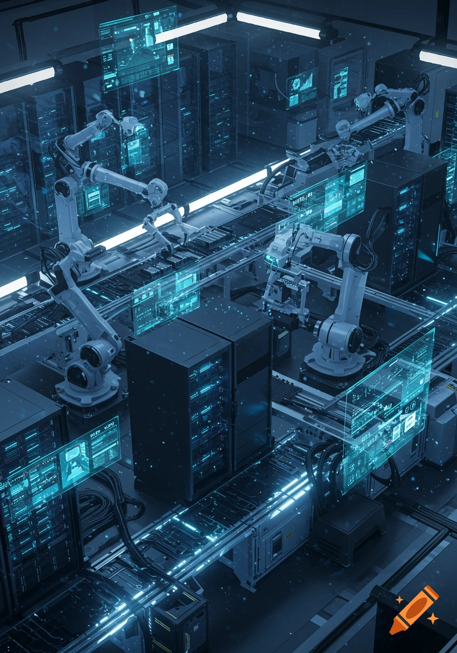 A futuristic server room with robotic arms on an assembly line and glowing blue holographic displays.