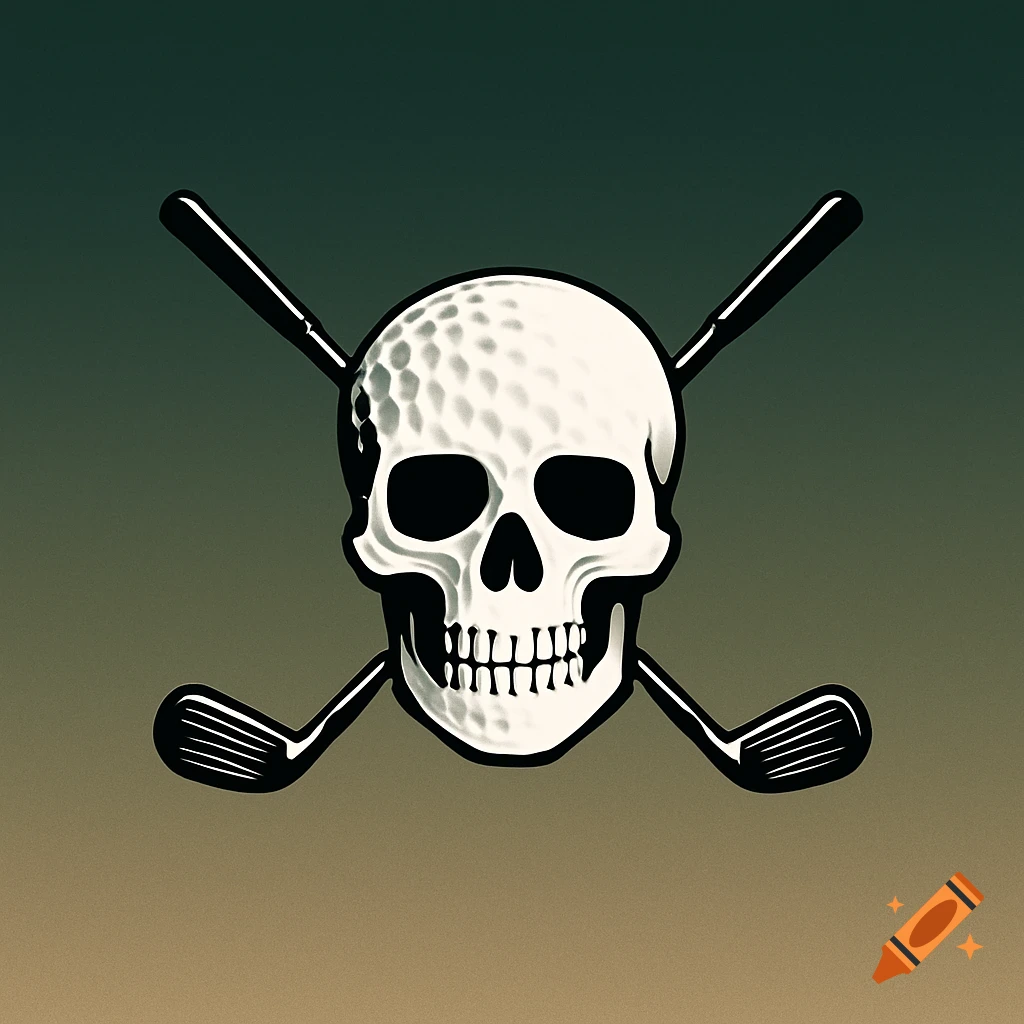 A stylized logo of a skull with golf ball dimples, with two crossed golf clubs behind it, on a gradient background.