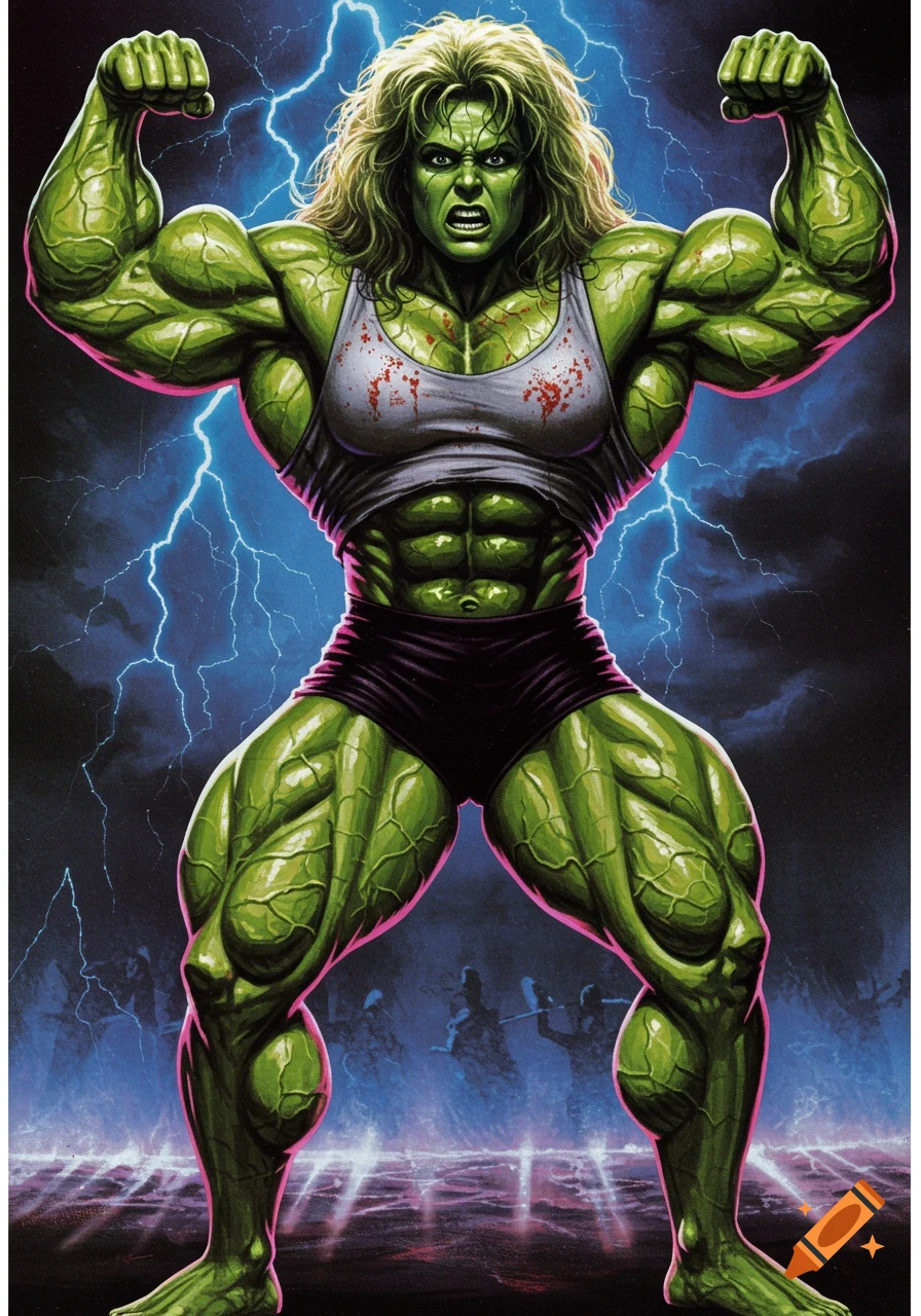 Green-skinned, muscular She-Hulk flexing with lightning in background, in a 1980s comic art style.