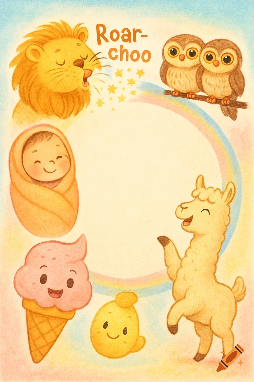 Pastel illustration with cute animals, baby, and ice cream around a central blank space, with 'Roar-choo' text.
