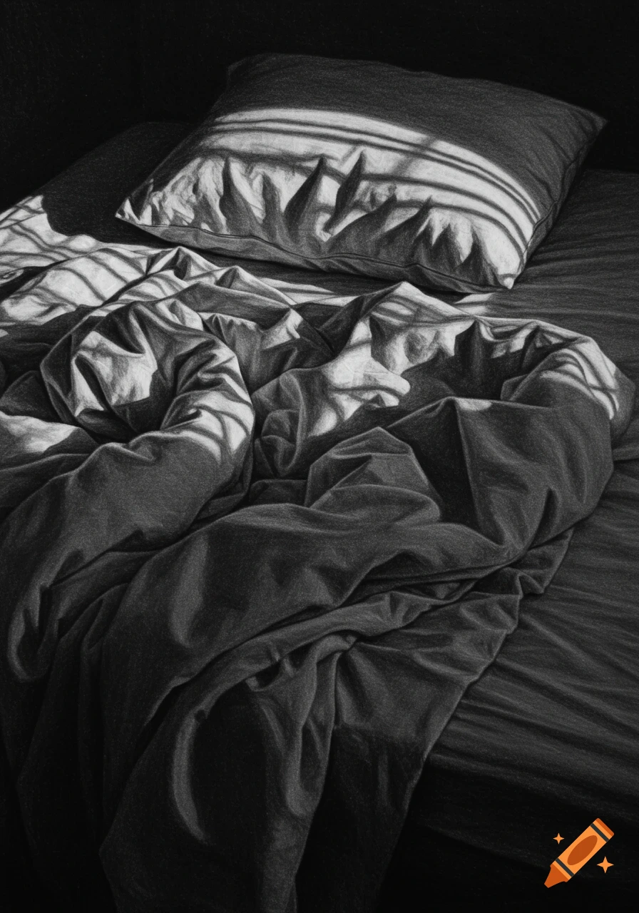 A black and white charcoal drawing of an unmade bed with light streaming through a window, casting striped shadows.