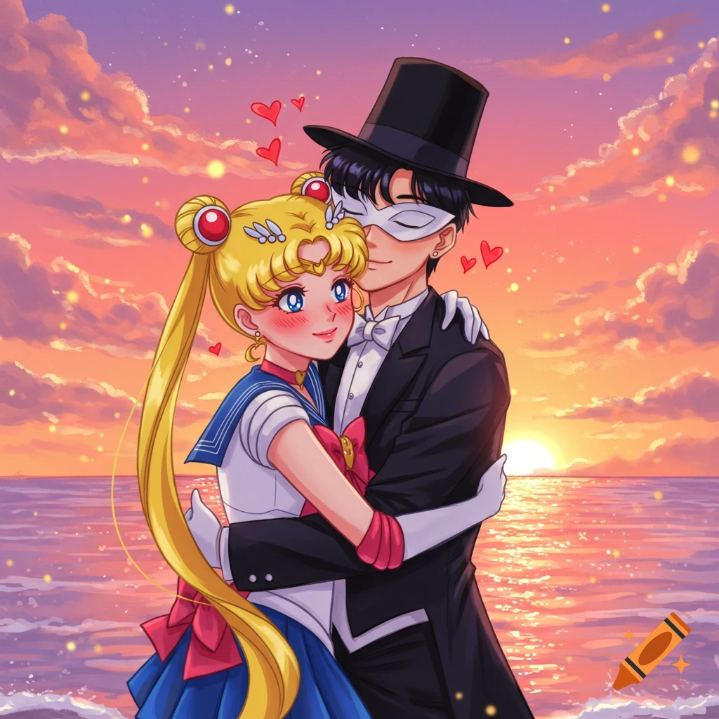 Sailor Moon and Tuxedo Mask hug affectionately at sunset, blushing with hearts, in an anime style.