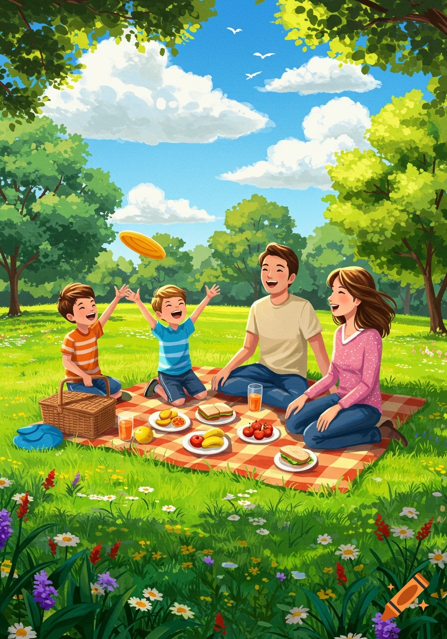 An illustrated family picnic in a sunny park, with two boys playing with a frisbee while parents smile on a checkered blanket.