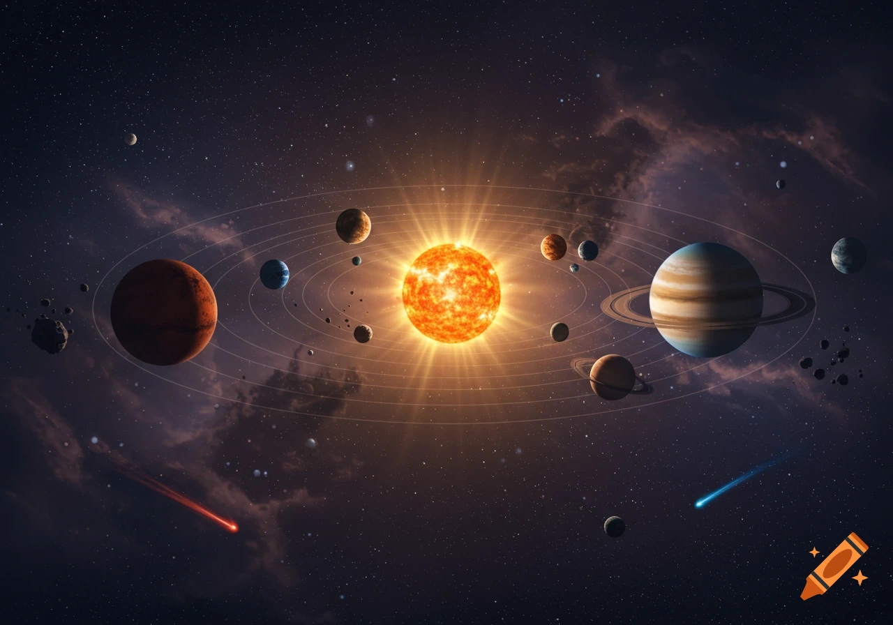 A detailed view of a solar system with a bright sun, orbiting planets with rings, and comets in a star-filled galaxy.