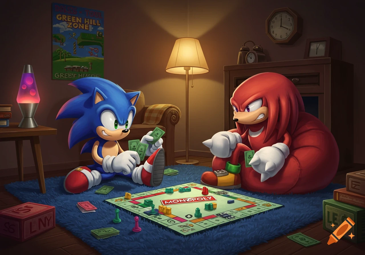 Sonic and Knuckles play Monopoly on a blue rug in a cozy, dimly lit room with a lava lamp and floor lamp.