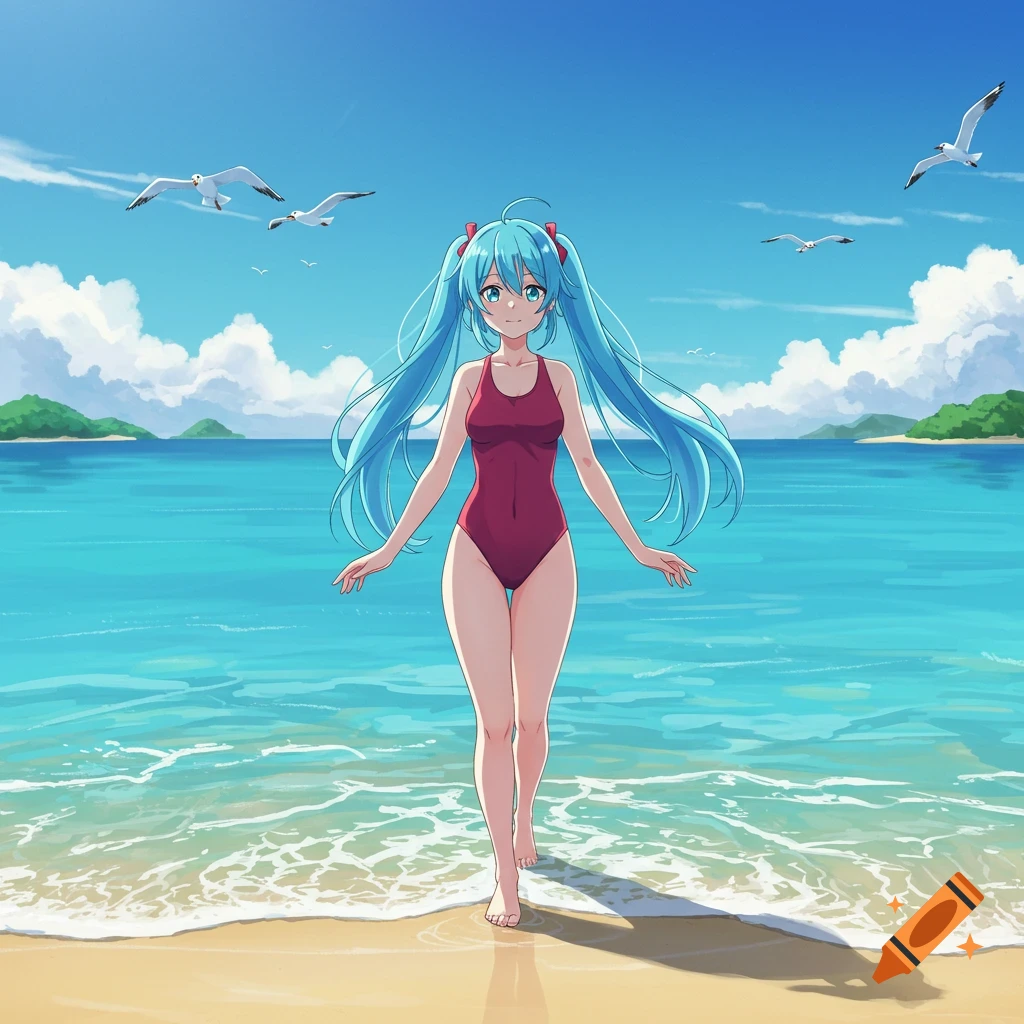 Anime girl with long blue pigtails and a red swimsuit walking from the ocean onto a sandy beach on a sunny day.