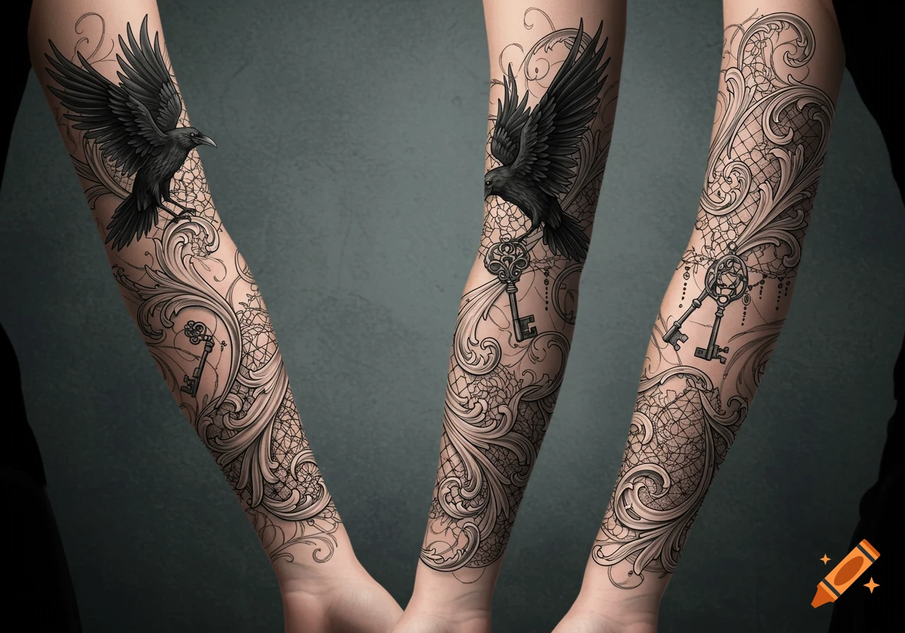 Three views of a forearm sleeve tattoo design featuring a black raven, ornate keys, and intricate gothic Victorian filigree and lace patterns.