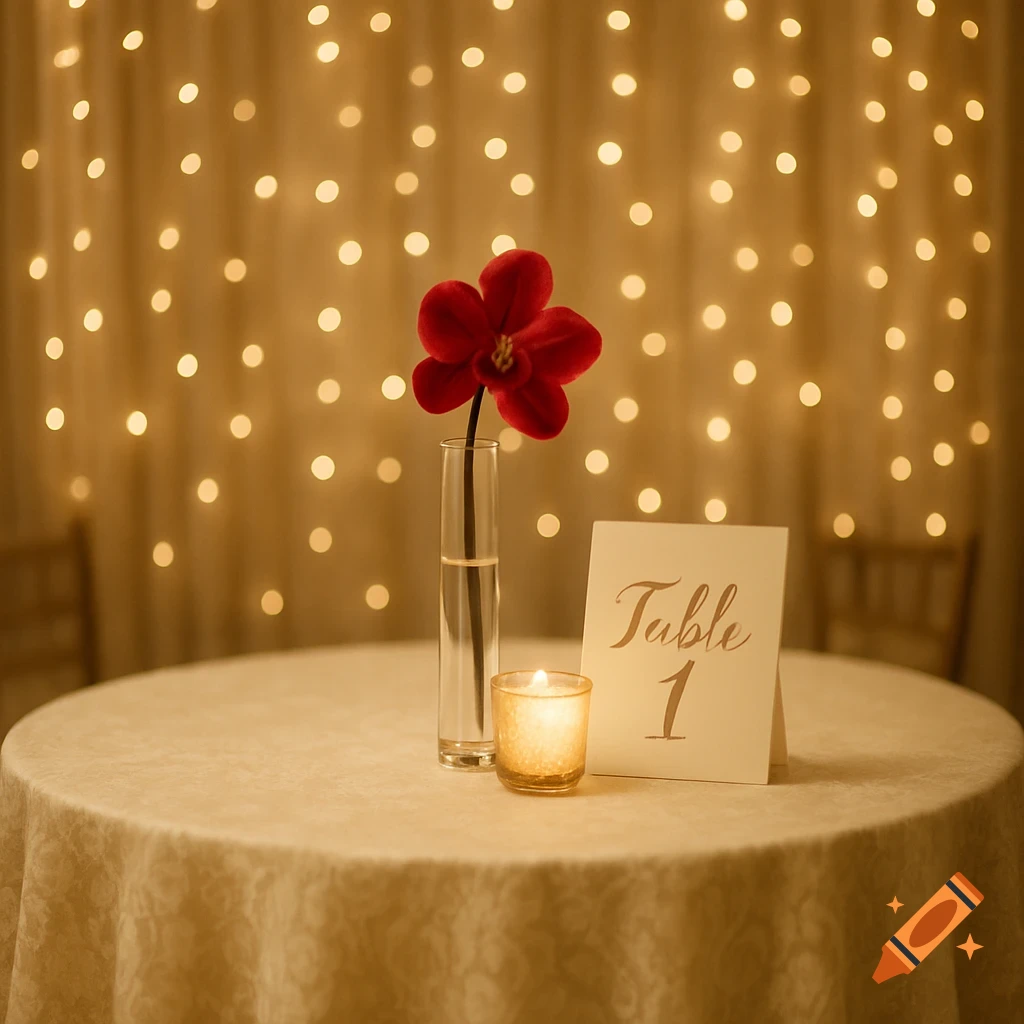 A close-up of a wedding reception table featuring a red orchid in a tall vase, a glowing candle, and a 'Table 1' sign, with a blurred backdrop of fairy lights.