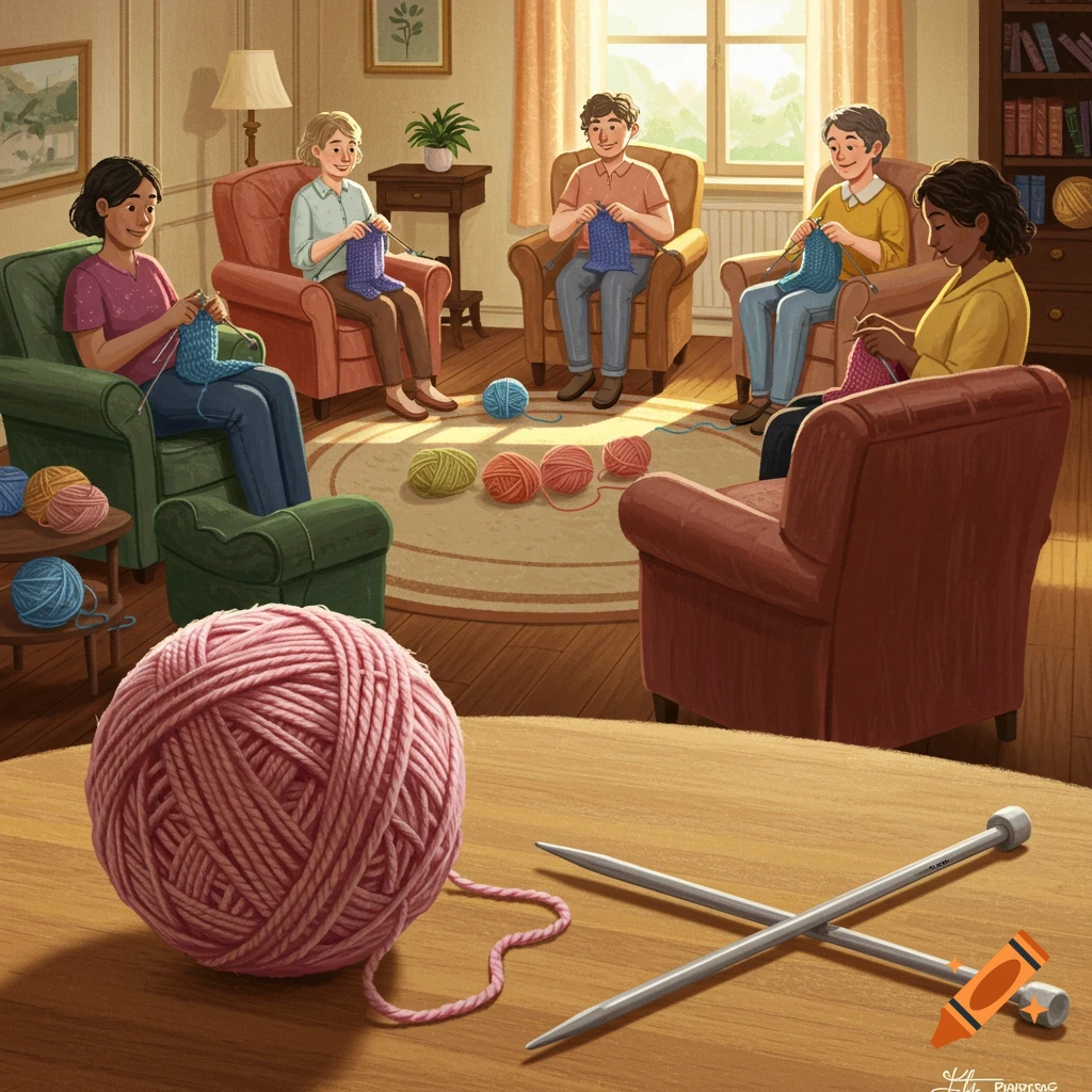 A group of diverse adults knit and crochet in a sunlit living room, with yarn balls and knitting needles in the foreground. Illustrated style.