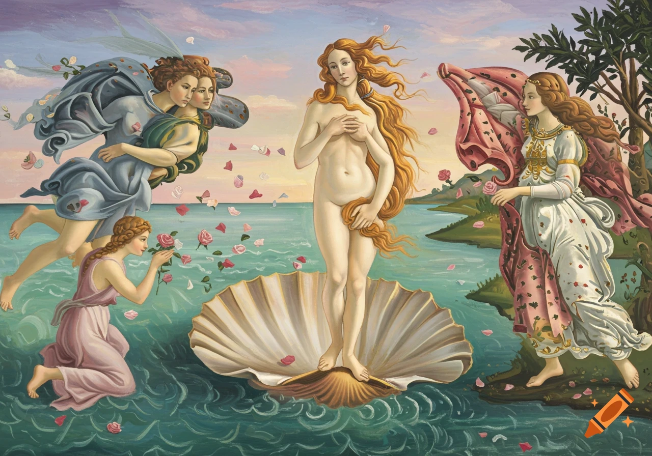 Classical painting of the Birth of Venus: nude goddess on a seashell, with mythological figures and rose petals.