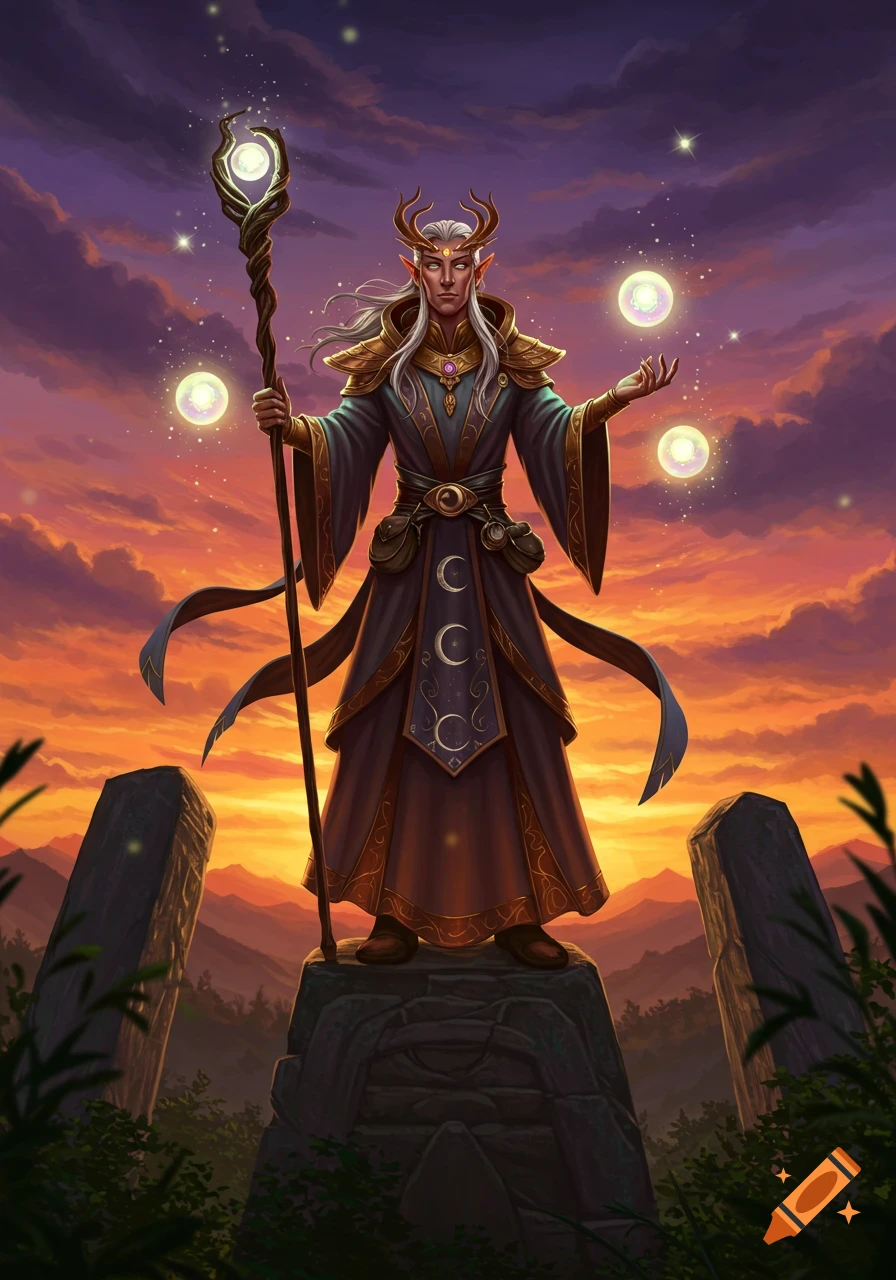 A male elf wizard with long white hair, golden antlers, and a dark robe holds a glowing staff and magic orbs at sunset.