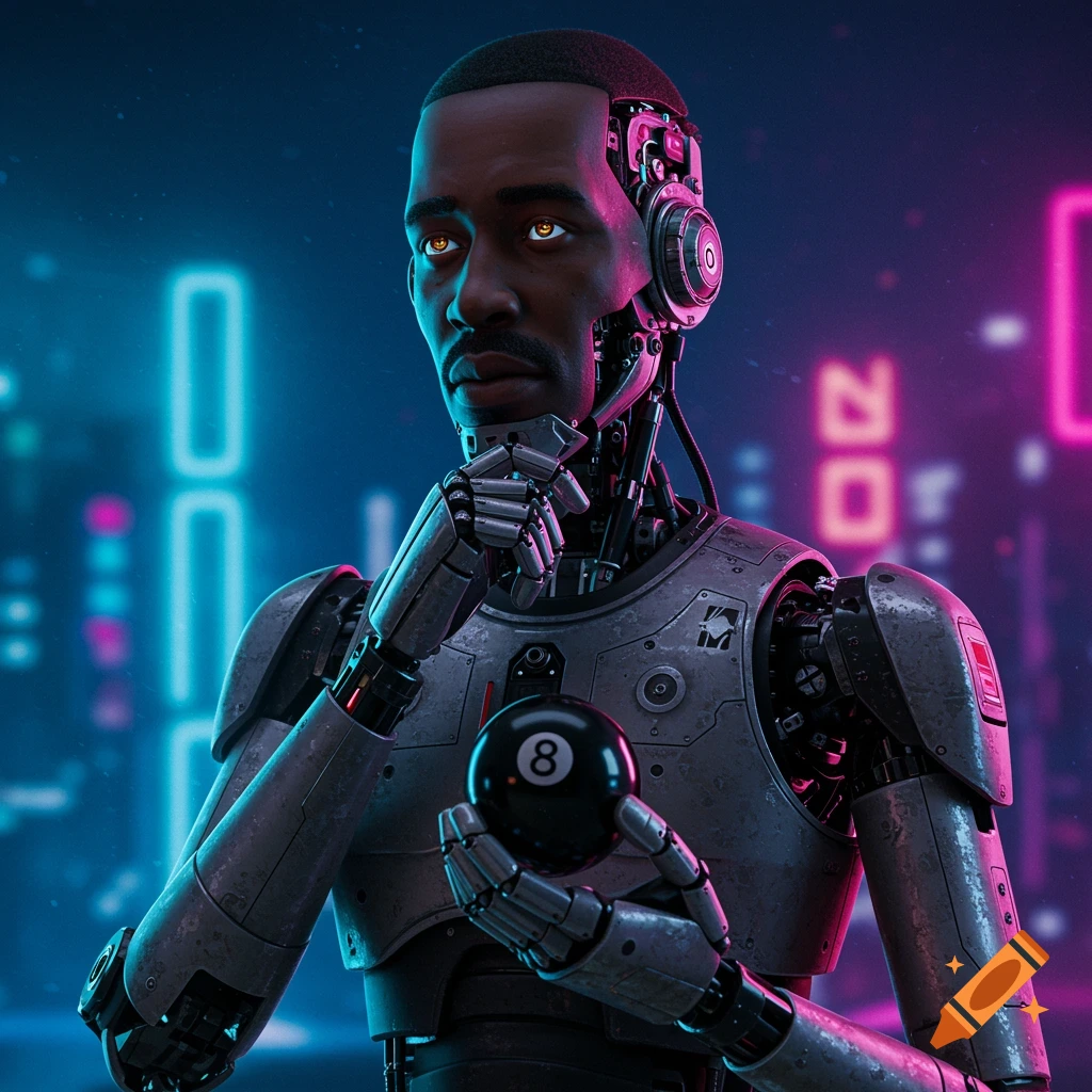 Photorealistic robot with a black man's face, holding an 8-ball in a neon-lit cyberpunk cityscape.