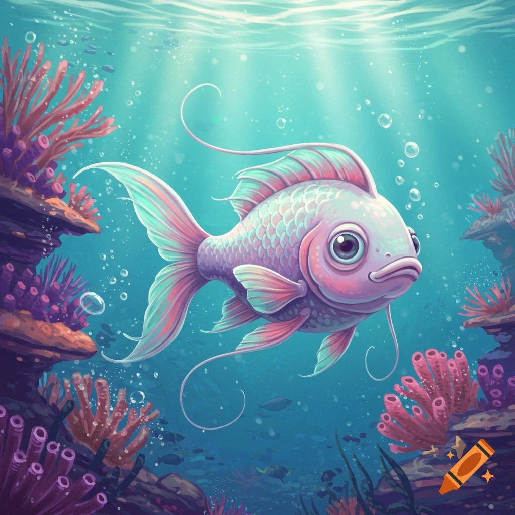 A colorful cartoon fish with big eyes and flowing fins swims in a vibrant underwater scene with coral and bubbles.