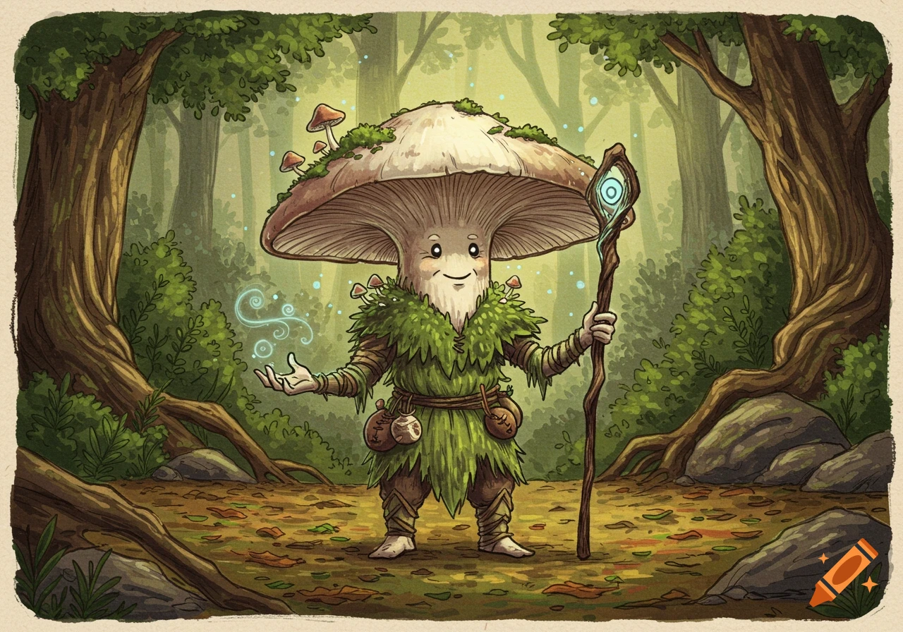 A friendly mushroom shaman with a staff and satchels stands in a magical forest in a hand-drawn style illustration.