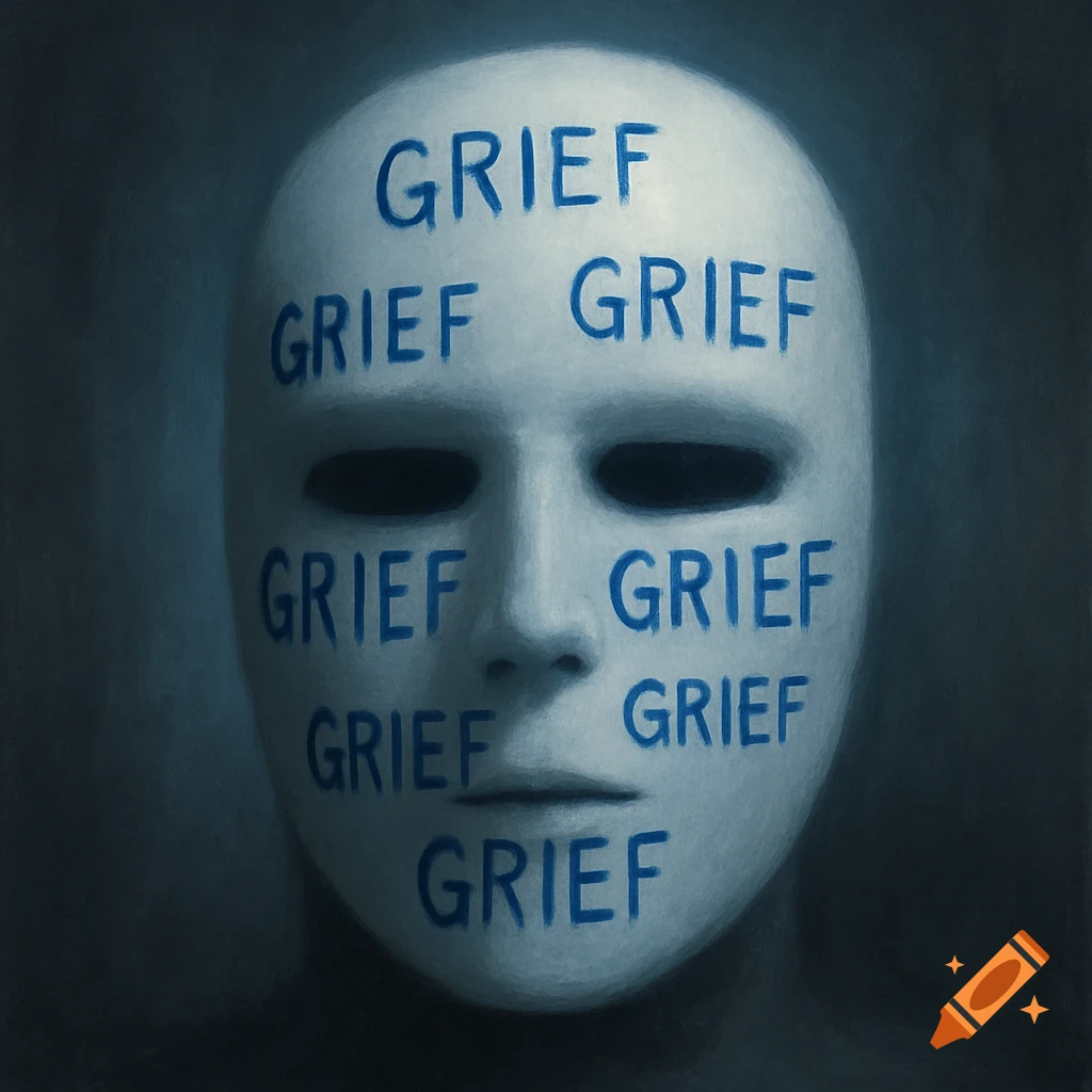 A white mask with the word GRIEF written repeatedly in blue on its surface, in a painterly style.