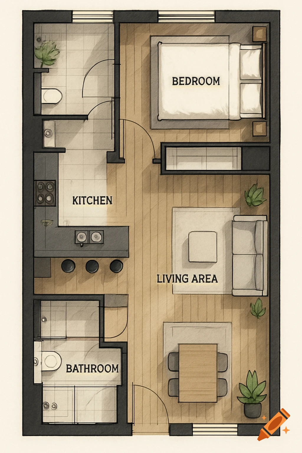 Top-down view of a hand-drawn floor plan for a one-bedroom apartment, featuring a bedroom, kitchen, living area, and two bathrooms.