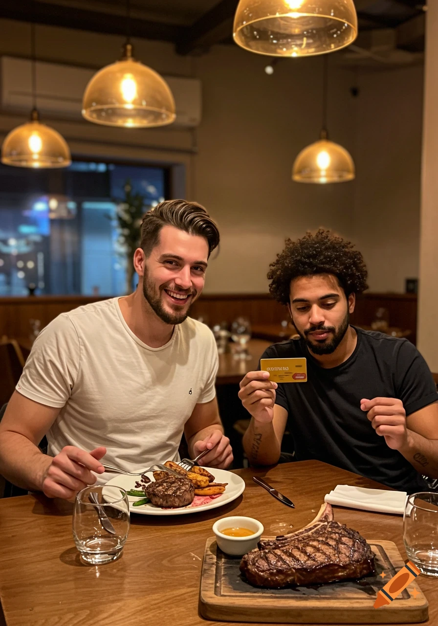 Two men dine in a cozy restaurant; one smiles over a steak, the other holds up a credit card.